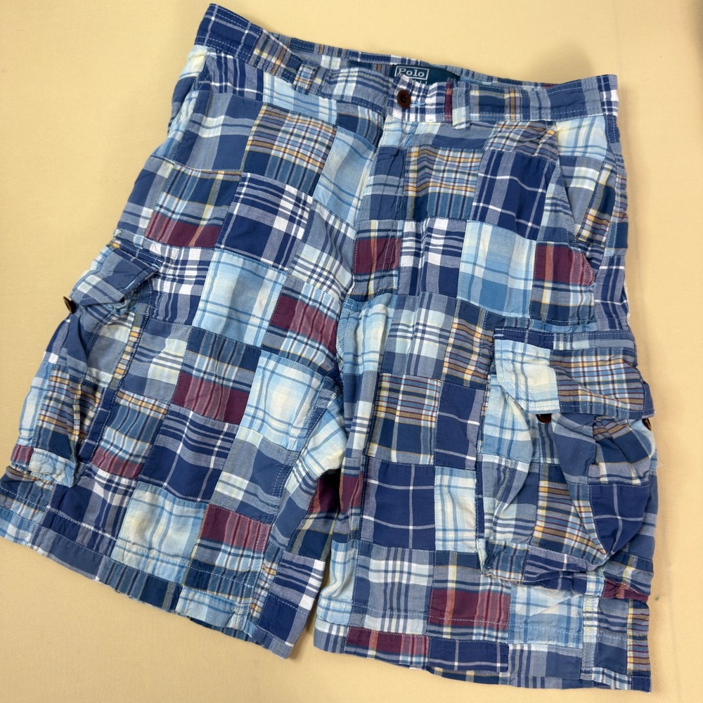 Polo Ralph Lauren Cargo Shorts Mens 32 Blue Patchwork Plaid Madras Excellent